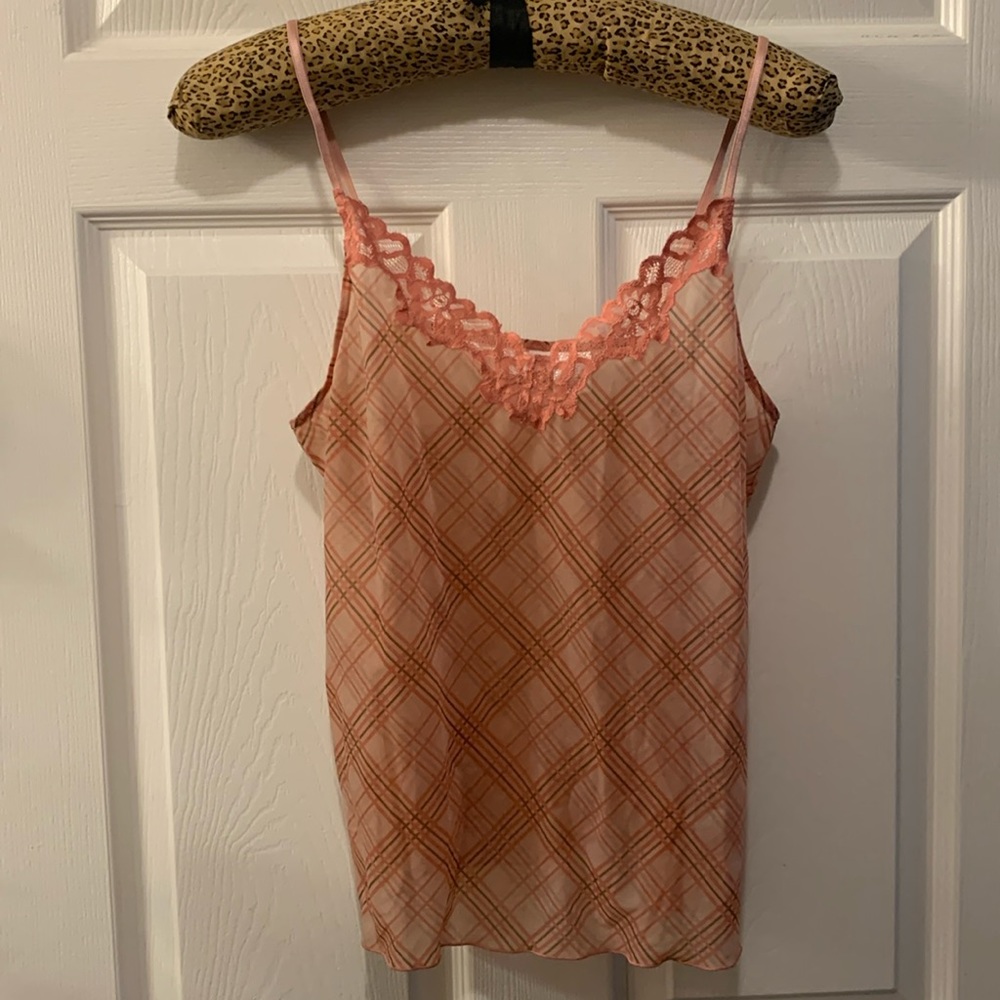 VINTAGE CAMISOLE GILLIGAN O’MALLEY SOFT CORAL PLAID-PINK LACE SZ 2XL SHEER NWOT